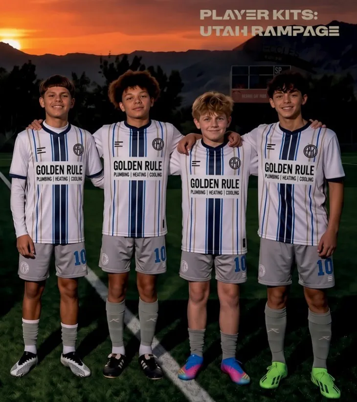 Four Utah Rampage players in their Golden Rule sponsored kits on the field at sunset