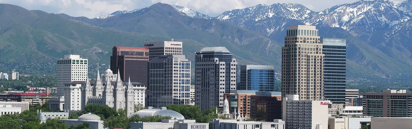 Salt Lake City skyline with the snow-capped Wasatch Range behind it